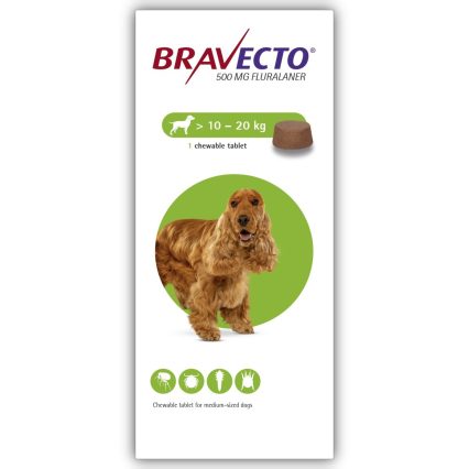 Bravecto (500mg Fluralaner) >10Kg – 20Kg for Dogs Chewable Tablets